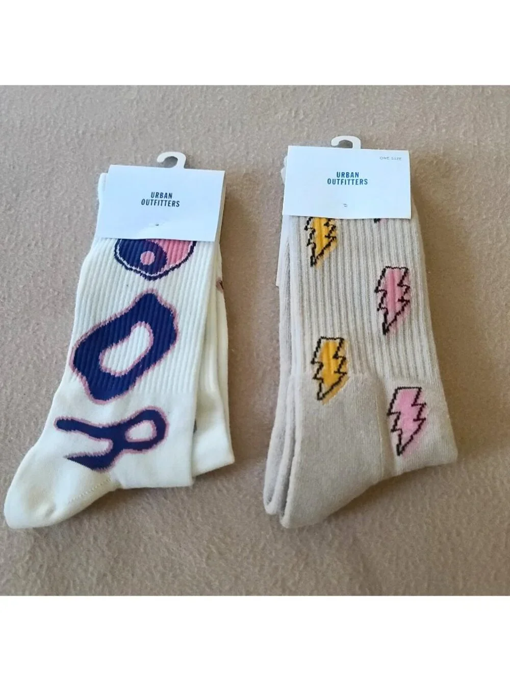 2 Pairs Urban Outfitters Crew Socks OS Unisex Lightning Bolt + Order Chaos NEW